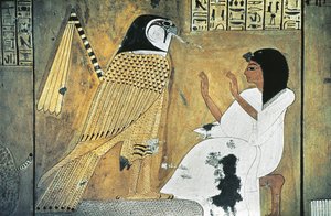 Veggmaleri av scene fra Book of the Dead, transformasjon til Golden Falcon av Egyptian 20th Dynasty