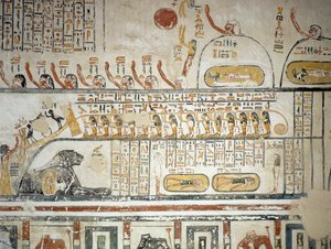 Prosesjon etter solguden Ras himmelske navigasjon, Book of Earth, detalj fra fresker av gravkammeret til Ramesses VIs grav, Kongenes dal, Luxor, Theben (Unescos verdensarvliste av Egyptian 20th Dynasty