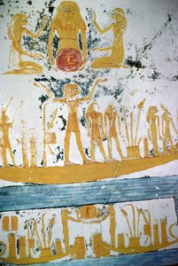 Re in the Night Boat, fra graven til Ramesses VI, New Kingdom (ca. 1145-1137 f.Kr.) (veggmaleri) av Egyptian 20th Dynasty
