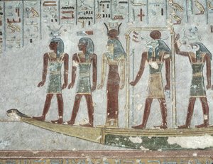 Relieff som viser Khnum i en begravelsesbark som går gjennom underverdenen, fra graven til Ramesses III (ca. 1184-1153 f.Kr.) New Kingdom (malt kalkstein) av Egyptian 20th Dynasty