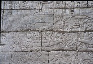 Sjøfolket, Sjøslaget ved Ramses III, Medinet Habu, stein fra 1195–64 f.Kr.