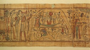 Bok med mytologiske bilder av Nespakachuty, separasjonen av himmel og jord med solbåten av Egyptian 21st Dynasty