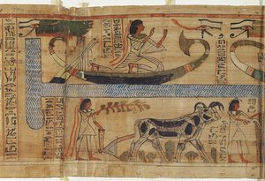 Detalj fra boken om de døde til presten Aha-Mer som viser en bark og en jordbruksscene, tredje mellomperiode (papyrus)