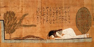 Begravelsespapyrus som viser den avdøde nedbrutt foran krokodillen (papyrus)