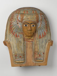 Ansikt fra et kistelokk av tre, ca. 945-715 f.Kr. (tre med gesso og maling)