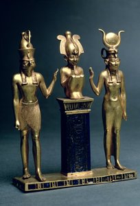 Triade av Osorkon II: Osiris flankert av Isis og Horus, tredje mellomperiode, ca. 874-850 f.Kr. (gull og lapis lazuli)