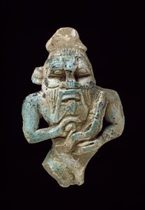 Fajanseamulett av Bes som ammer en Horus, ca. 770-715 f.Kr. glasert fajanse