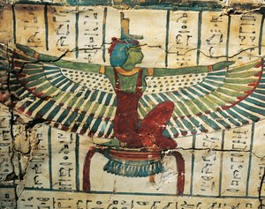 Malt, lakkert tre, som viser gudinnen Isis med spredte vinger, på Sarcophagus of Cesraperet fra West Theben