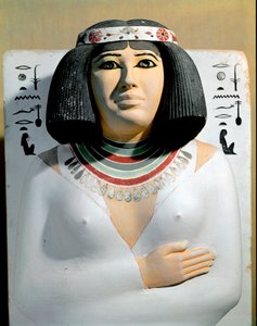 Egyptisk antikken: Nofret, kone til ypperstepresten i Heliopolis og prins av Pe Rahotep. Malt kalksteinsskulpturdetalj. 4. dynasti. Fra mastabaen til Rahotep til Meidoum. Egyptisk museum, Kairo.