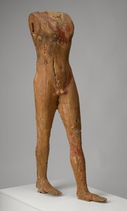 Figur av en mann, ca. 2494-2345 f.Kr. (tre med spor av gesso og maling)