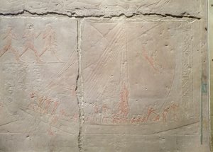 Relieff som viser en båtreise, fra Mastaba of Akhethotep, Old Kingdom, ca. 2400 f.Kr. (malt kalkstein)