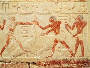 Slaktere som slakter en okse, relieff fra graven til prinsesse Idut, Old Kingdom, ca. 2330 f.Kr. (malt kalkstein)