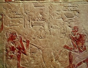Relieff som viser glassblåsere, fra Mastaba of Kaemrehu, Saqqara, Old Kingdom, ca. 2325 f.Kr. (malt kalkstein)
