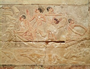 Relieff som viser menn i en båt, fra graven til prinsesse Idut, Old Kingdom, ca. 2330 f.Kr. (malt kalkstein)