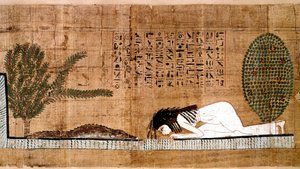Egyptisk antikvitet: en nedlagt representant som tilber krokodillen, symbol på fecondite. Papyrus fra en dødebok. Kairo, egyptisk museum - Det gamle Egypt: en avdød som tilber krokodillen, symbol på fruktbarhet. Papyrus fra de dødes bok.
