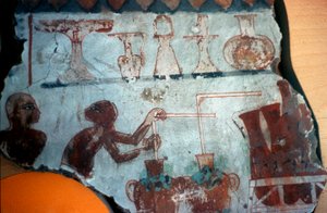 Fragment av et veggmaleri opprinnelig fra Theben, som viser to mannsfigurer i ferd med å tilberede eller tappe matvarer i flytende form, 1540-1479 f.Kr. (veggmaleri) av Egyptian Egyptian