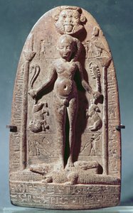Cippus som skildrer Horus som et barn som står på krokodiller (rosa granitt)