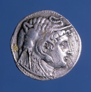 Sølvmynt med bilde av Ptolemaios I Soter (367 f.Kr. - 283 f.Kr.), konge av Egypt.