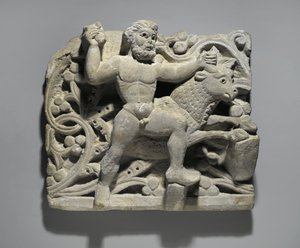 Herakles smed Acheloos i form av en okse, fra Oxyrhynchus, ca. 300-500 (kalkstein) av Egyptian School