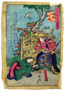 Militærkommandør Doukan Mochisuke Oota i den japanske blomsterlandsbyen Kerria, ca. 1875 (farget treplate på japansk papir) av Eiichi Seisai