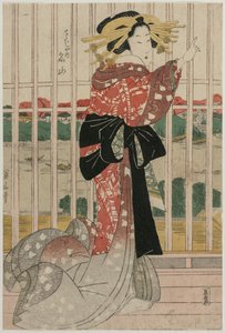 Courtesan Meizan fra Chojiya på en balkong med utsikt over Sumida-elven, ca. tidlig eller midten av 1820-tallet. av Kikugawa Eizan