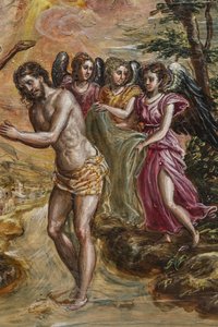 Bærbart alter: detalj av høyre dørpanel som viser Kristi dåp (tempera grassa på panel) av El Greco