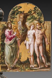 Bærbar alterbakside: Adam og Eva vendt mot den evige far, detalj av 2384587 (tempera grassa på panel) av El Greco