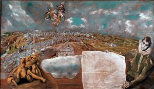 Utsikt over byen Toledo (Toledo) i Spania og flyet under høyre Maleri av Domenikos Theotokopoulos dit El Greco (1541-1614) 1608-1614 Søn. 132x228 cm Toledo Museum of Greco av El Greco