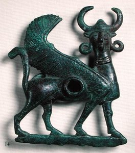Hestebit i form av en bevinget okse med menneskehode, fra Luristan, Iran (bronse)