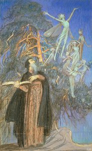 Prospero og Ariel, en studie for et tapt bilde bestilt for Broadcasting House, London, ca. 1931 (pastell på papir) av Eleanor Fortescue-Brickdale