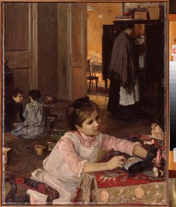 Barnerom (Barn leker med lekene sine, mens en hushjelp ordner klesvask i skapet) - Barnerom - Maleri av Elena Dmitryevna Polenova (1850-1898), olje på lerret av Elena Polenova
