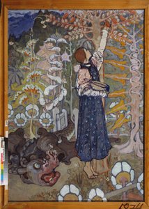 Un conte de fairy (La belle et la bete) - Et eventyr (Girl and the beast) - Maleri av Elena Dmitryevna Polenova (1850-1898), olje på lerret av Elena Polenova