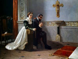 Bianca Cappello og Francois I de Medici (1541-1587) (Francesco Primo I de Medici) ber foran et krusifiks (olje på lerret)