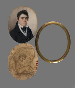 Portrett av John Haslett M.D., ca. 1822 (wc på elfenbensportrett, trykt visittkort (underlagspapir) og messingforing og linse)