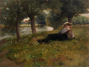 Mann liggende ved siden av en bekk, sent på 1800-tallet - begynnelsen av 1900-tallet.