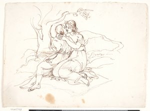 Et ungt par som omfavner seg i et landskap av Elisabeth Jerichau Baumann