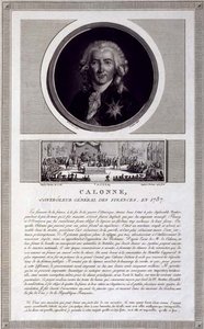 Calonne, finanskontrollør, i 1787, portrett gravert av Charles Levachez (fl. 1760-1820), med en scene fra Assembly of the Notables av Jean Duplessis-Bertaux (1747-1819), ca. 1803 (gravering)