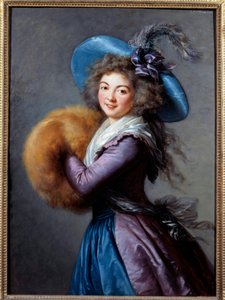 Portrett av Madame Mole Reymond (1759-1833), skuespillerinne i den italienske komedien. Hun har på seg en fjærkledd hatt og bærer et erme. Maleri av Marie Elisabeth Louise Vigee Le brun (ou Vigee-Lebrun ou Vigee Lebrun) (1755-1842) 1786 Søn. 1,04x0,76 m -  av Elisabeth Louise Vigee Lebrun