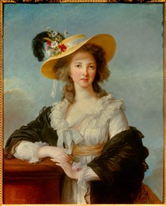 Portrett av Yolande Gabrielle Martine de Polastron, hertuginne av Polignac (1749-1793) med stråhattmaleriet av Marie Elisabeth Louise Vigee Le brun (eller Vigee-Lebrun eller Vigee Lebrun) (1755-1842) 1782 Søn. 0,92x0,73 m - Portrett av hertuginnen - Portre av Elisabeth Louise Vigee Lebrun