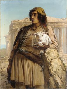 En gjetergutt som står foran Parthenon