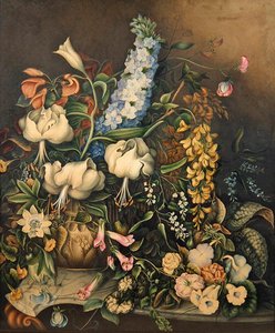 Blomster i en vase på et konsollbord med marmortopp av Eliza F. Daniel