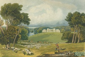 Utsikt over Holkham Hall, Norfolk, gravert av Robert Havell (1769-1832) 1818 (fargegravering) av Elizabeth Blackwell