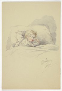 Barn sover (recto), og fiskere på kai (verso) av Elizabeth Murray