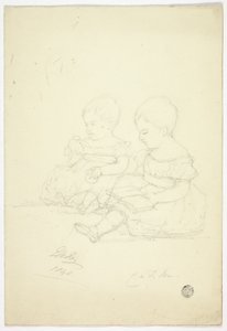 To sittende babyjenter (recto), et stilleben og to dyr (verso) av Elizabeth Murray