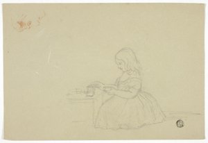 Ung jente skjenker te og profilskisse (recto), og skisse av italiensk bygate (verso) av Elizabeth Murray