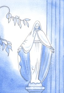 En statue i hagen: Her kan vi se Vår Frues åpenhjertede tilnærming til Gud. Hun spurte ham alltid: "Hva vil du at jeg skal gjøre?", 2002 (w/c på papir) av Elizabeth Wang
