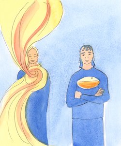 En person som nærmer seg Gud i bønn med et åpent hjerte, aksepterer Guds vilje i hverdagen, mottar en strøm av nåde for å vanne sjelen hennes og helle ut for å forfriske andre, 2004 (w/c på papir) av Elizabeth Wang
