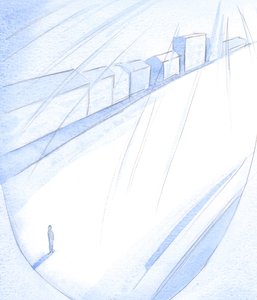 Et menneskes liv strekker seg fremover, som en tom gate, klar til at Guds herlige bygninger kan oppstå (hvis en person ikke setter opp gjerder, eller har private ambisjoner), 2001 (w/c på papir) av Elizabeth Wang