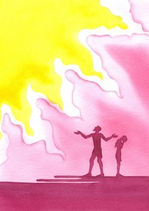 Adam og Eva blir kastet ut av Paradise, 2001 (w/c på papir) av Elizabeth Wang