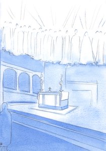 Alle som ber oppriktige bønner, under messeofferet, ber gjennom Kristus og med himmelens hellige, 2002 (w/c på papir) av Elizabeth Wang